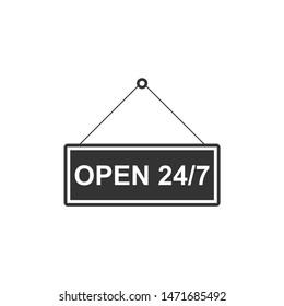 Hanging sign with text Open 24/7 hours icon isolated. Business theme for cafe or restaurant, club and bar. Flat design. Vector Illustration