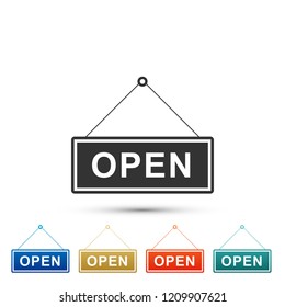 Hanging sign with text Open door icon isolated on white background. Set elements in colored icons. Flat design. Vector Illustration