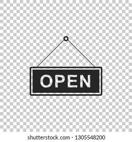 Hanging sign with text Open door icon isolated on transparent background. Flat design. Vector Illustration