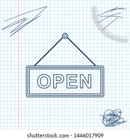 Hanging sign with text Open door line sketch icon isolated on white background. Vector Illustration