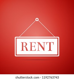 Hanging sign with text Rent icon isolated on red background. Flat design. Vector Illustration