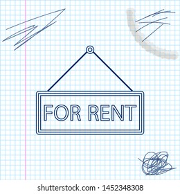 Hanging sign with text For rent line sketch icon isolated on white background. Vector Illustration