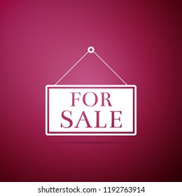 Hanging sign with text For Sale icon isolated on purple background. Flat design. Vector Illustration