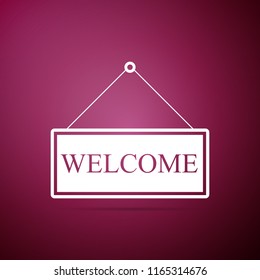 Hanging sign with text Welcome icon isolated on purple background. Business theme for cafe or restaurant. Flat design. Vector Illustration