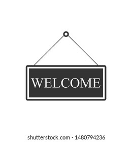 Hanging sign with text Welcome icon isolated. Business theme for cafe or restaurant. Flat design. Vector Illustration