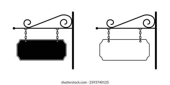 Hanging signboard with chains. Front side view. Outdoor hanging shop sign board. Blank hotel, shop or store vintage. Ornate signs post with copyspace. Ornamental corners, decoration, retro style.