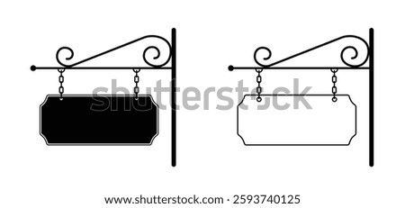 Hanging signboard with chains. Front side view. Outdoor hanging shop sign board. Blank hotel, shop or store vintage. Ornate signs post with copyspace. Ornamental corners, decoration, retro style.