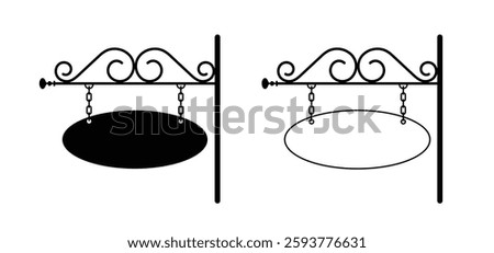 Hanging signboard with chains. Front side view. Outdoor hanging shop sign board. Blank hotel, shop or store vintage. Ornate signs post with copyspace. Ornamental corners, decoration, retro style.