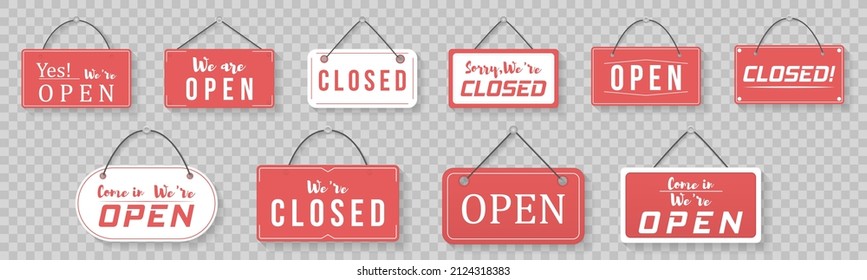 Hanging signboard of closed shop for mobile and web. Label with text in flat style. Signboard for office, cafe, retail market. Come in, we're open retail or store sign for websites and print. Vector.