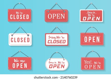 Hanging Signboard Of Closed Shop For Mobile And Web. Label With Text In Flat Style. Signboard For Office, Cafe, Retail Market. Come In, We're Open Retail Or Store Sign For Websites And Print. Vector.