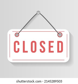 Hanging Signboard Of Closed Shop For Mobile And Web. Label With Text In Flat Style. Signboard For Office, Cafe, Retail Market. Come In, We're Open Retail Or Store Sign For Websites And Print. Vector.