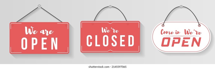 Hanging signboard of closed shop for mobile and web. Label with text in flat style. Signboard for office, cafe, retail market. Come in, we're open retail or store sign for websites and print. Vector.