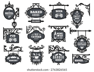Hanging signboard emblems design. Street store, hotel, pab and bar signs, decorative elements, vintage metal frames, classic labels shopping, black plaque silhouettes, splendid vector isolated set