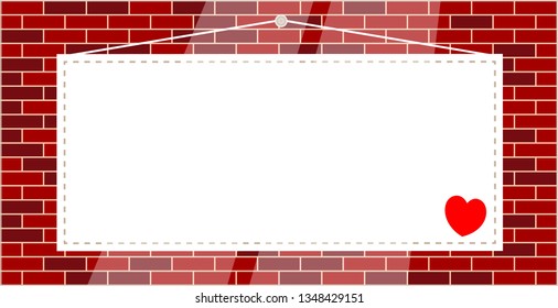 Hanging signboard with heart with copy space for text on brick wall mockup banner background for Valentines day greetings.