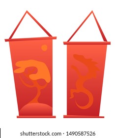 Hanging signboard in red color decorated by tree and dragon sign. Japanese style of board or poster, element of decoration exterior, bar icon vector