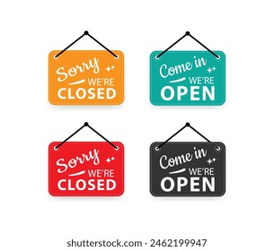 Hanging signboard with text sorry we're closed and come in we're open icon sets.