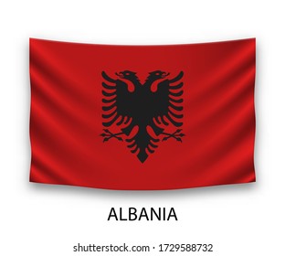 Hanging silk flag of Albania. Vector illustration.