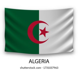 Hanging silk flag of Algeria. Vector illustration.