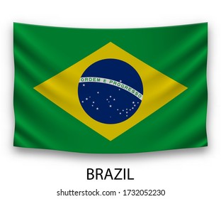 Hanging silk flag of Brazil. Vector illustration.