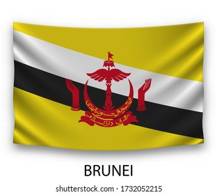Hanging silk flag of Brunei. Vector illustration.