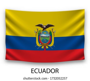 Hanging silk flag of Ecuador. Vector illustration.