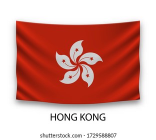 Hanging silk flag of Hong Kong. Vector illustration.