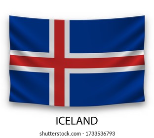 Hanging silk flag of Iceland. Vector illustration.