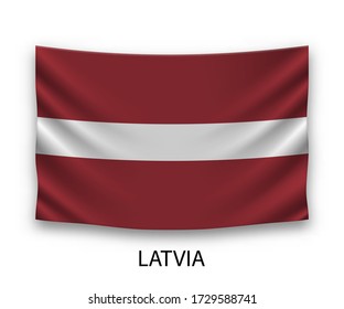 Bandera de seda colgante de Letonia. Ilustración vectorial.