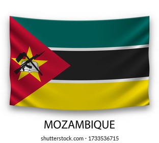 Hanging silk flag of Mozambique. Vector illustration.