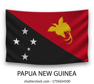 Hanging silk flag of Papua New Guinea. Vector illustration.