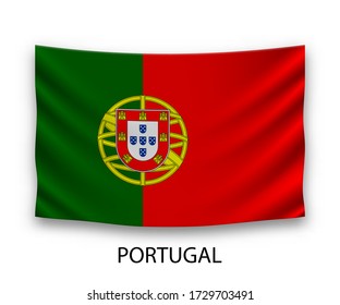 Hanging silk flag of Portugal. Vector illustration.