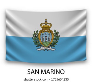 Hanging silk flag of San Marino. Vector illustration.