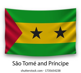 Hanging silk flag of Sao Tome and Principe. Vector illustration.