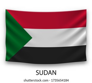 Hanging silk flag of Sudan. Vector illustration.