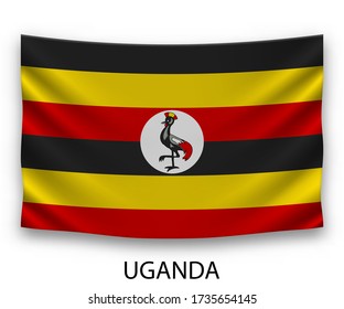 Hanging silk flag of Uganda. Vector illustration.