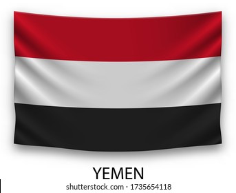 Bandera de seda colgando de Yemen. Ilustración vectorial.