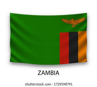 Hanging silk flag of Zambia. Vector illustration.