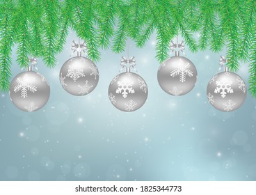 Hanging silver Christmas balls with pine leaves on blue background, Christmas backdrop vector illustration