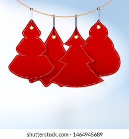 Hanging Simple Christmas Trees. Blank Red Paper Cut Christmas Trees. Background, Template. Christmas Greeting Card. Vector Illustration.