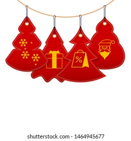 Hanging Simple Christmas Trees. Christmas and New Year Sale Symbols. Background, Template. Christmas Greeting Card. Vector Illustration.