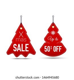 Hanging Simple Christmas Trees. Christmas and New Year Sale Symbols. Background, Template. Christmas Greeting Card. Vector Illustration.