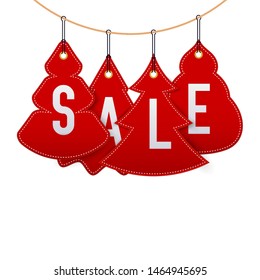 Hanging Simple Christmas Trees. Christmas and New Year Sale Symbols. Background, Template. Christmas Greeting Card. Vector Illustration.