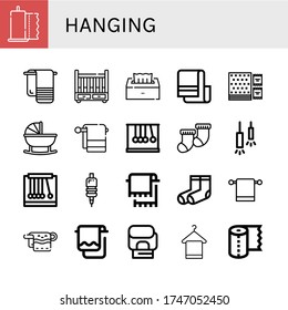 hanging simple icons set. Contains such icons as Paper towel, Towel, Cradle, Tissue, Napkin, Newtons cradle, Socks, Ceiling lamp, Pendulum, can be used for web, mobile and logo