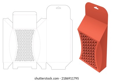 Hanging sloped chamfered box with stenciled Japanese pattern die cut template and 3D mockup