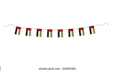 Hanging small national flags of UAE on white background. Vector design.