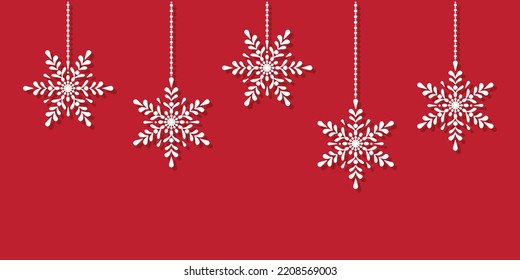 hanging snowflakes on red background, christmas pattern, simple winter holiday design, vector illustration