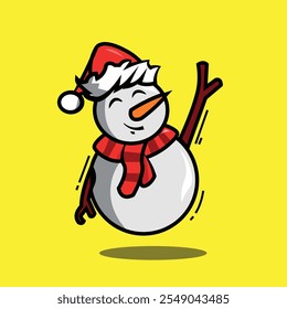 A hanging snowman waves his hands while smiling happily on Christmas day
