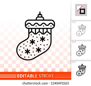 Hanging Sock thin line icon. Outline web sign of christmas tree toy. New Year Decoration linear pictogram different stroke width. Simple vector symbol. Santa Sock editable stroke icon without fill