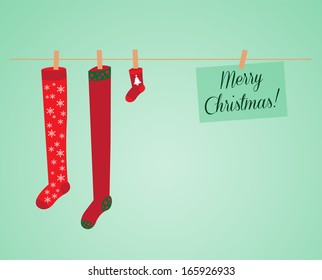 Hanging socks. Vector christmas card