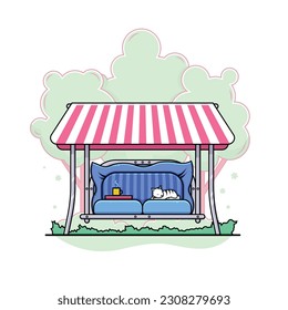 Hanging sofa for garden or terrace. Textile hammock with tent and soft pillow. Vector cartoon illustration.